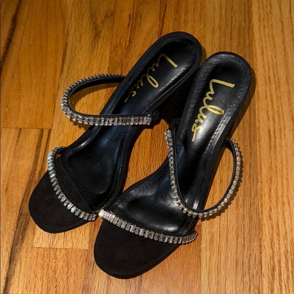 Lulu's Black Heels with Rhinestone Straps